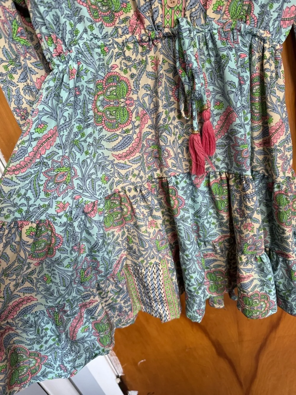 Boho Paisley Tie-Waist Long Sleeve Dress - Green Multi - Picture 2 of 10
